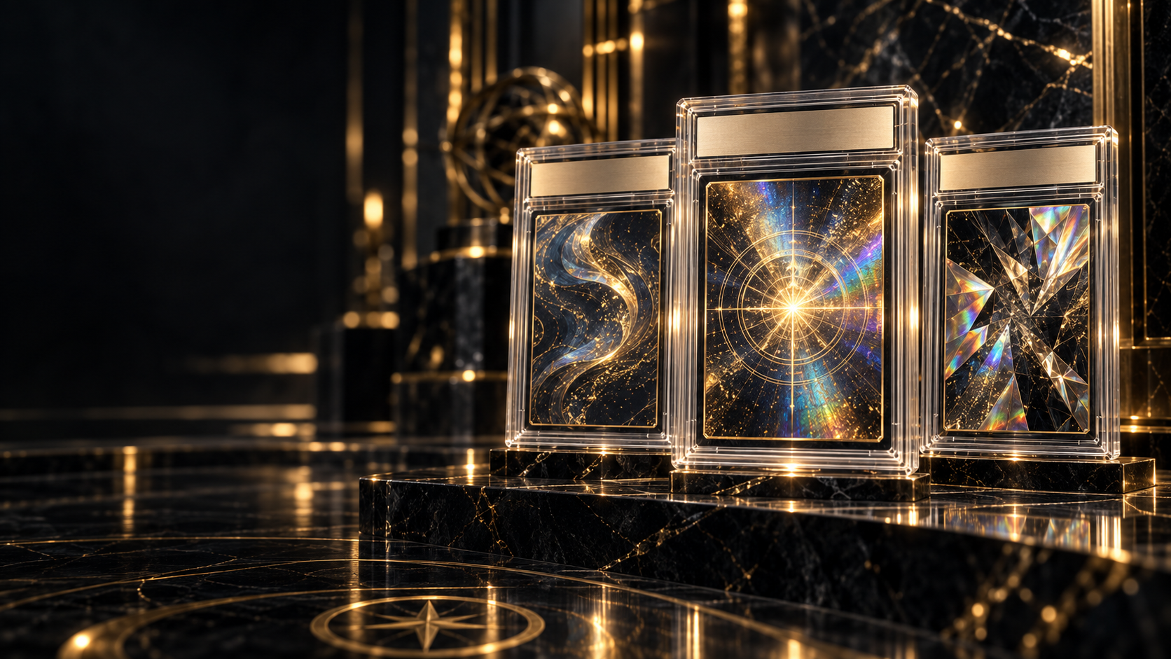 Pullmancer brand artwork: gold and glass collector forms in a dark vault